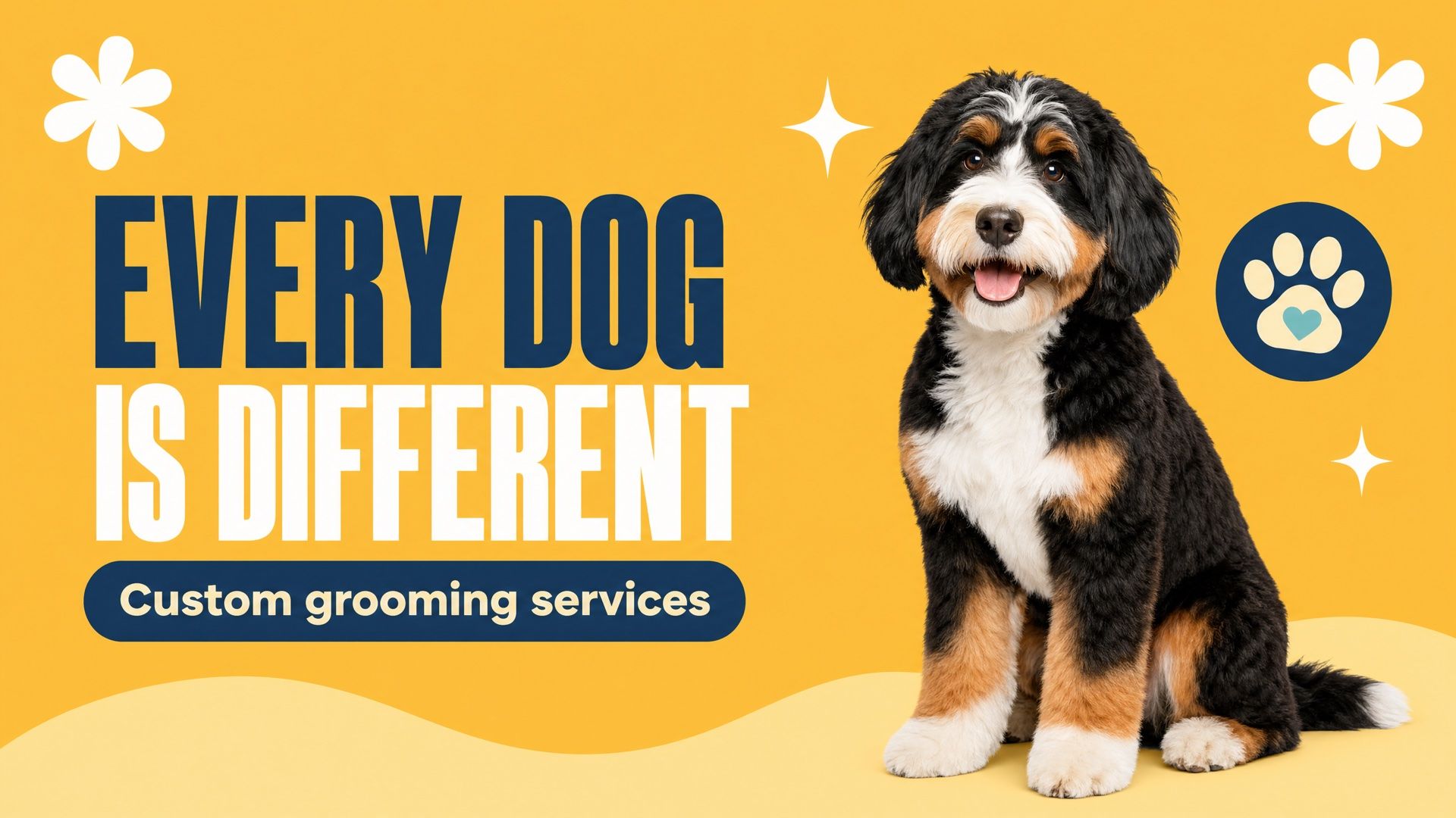 Graphic with the headline "Every dog is different" beside a tri-colour black on a yellow background