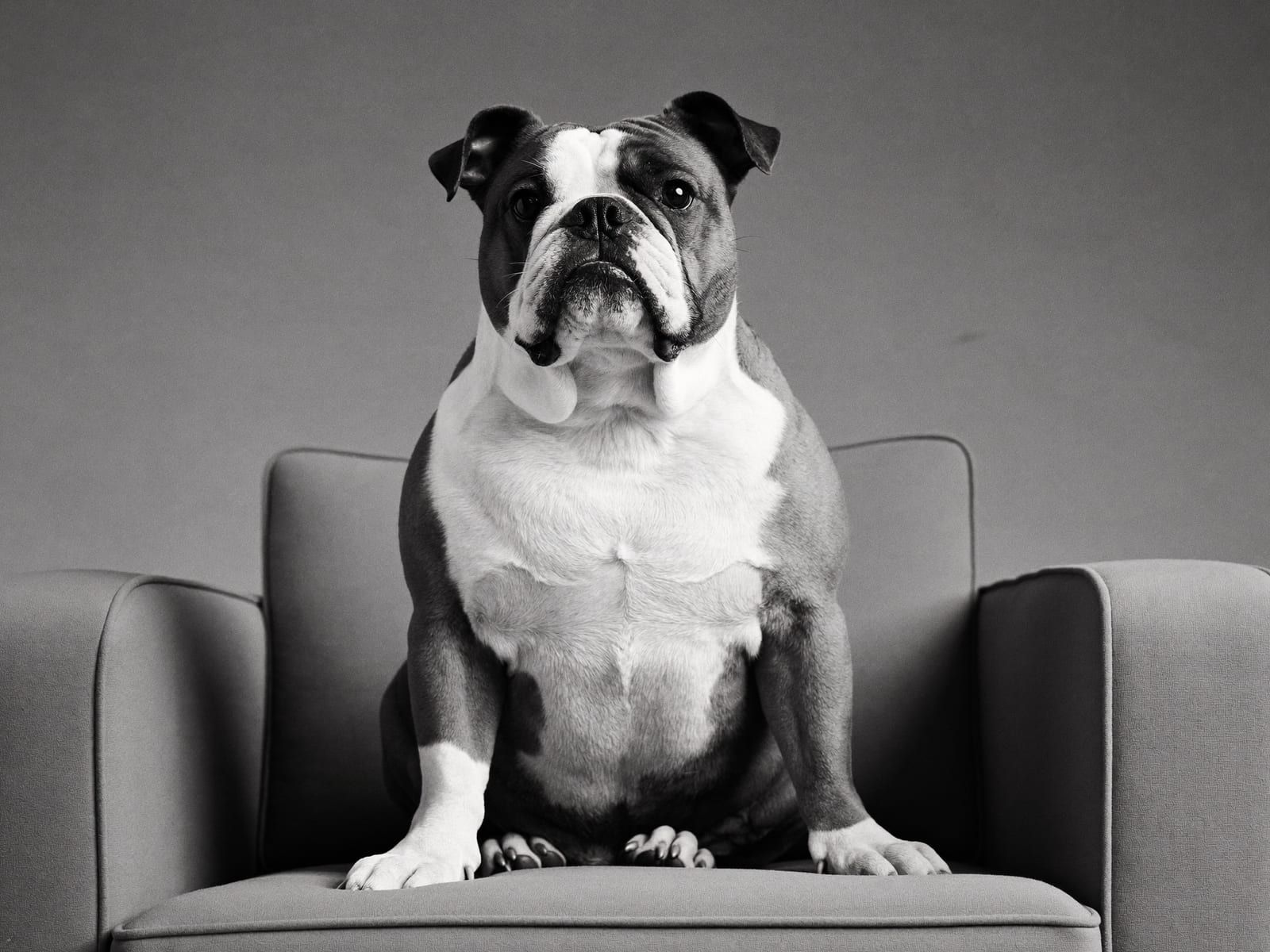 A black-and-white portrait of an English bulldog sitting upright in a plain upholstered armchair with a look of quiet relief