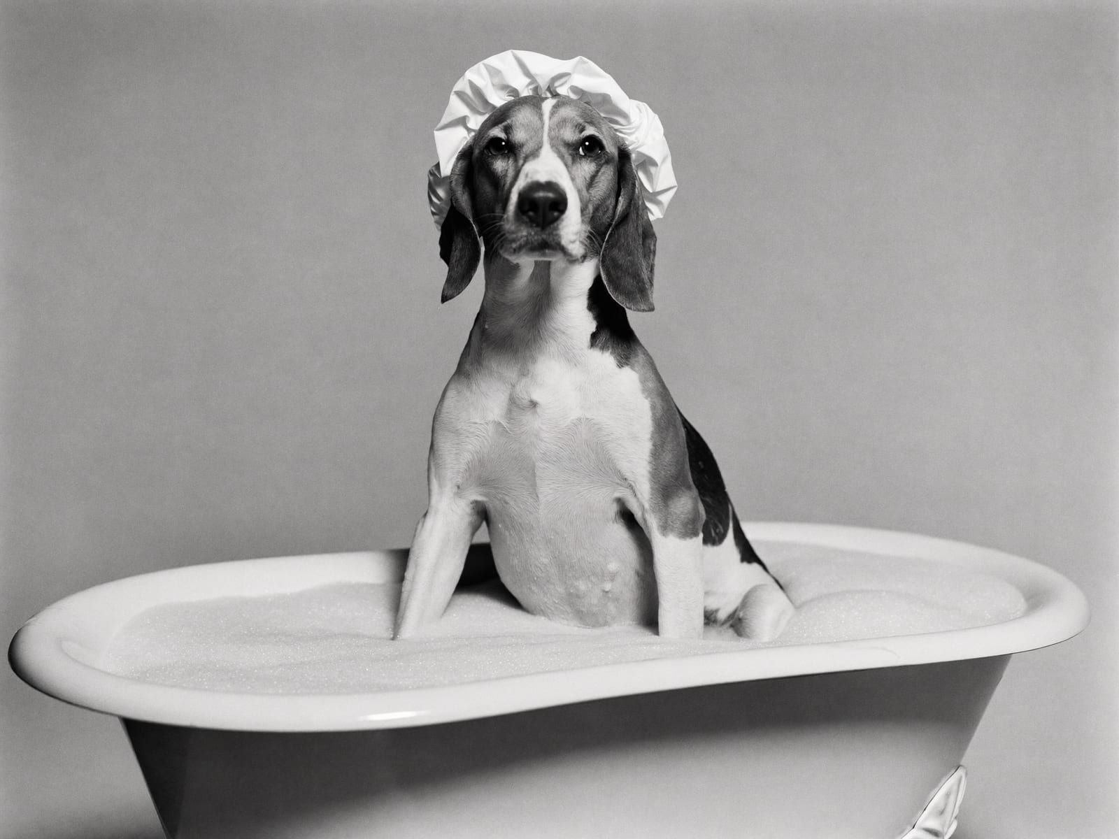 A black-and-white portrait of a beagle sitting in a claw-foot bathtub full of suds, wearing a white shower cap