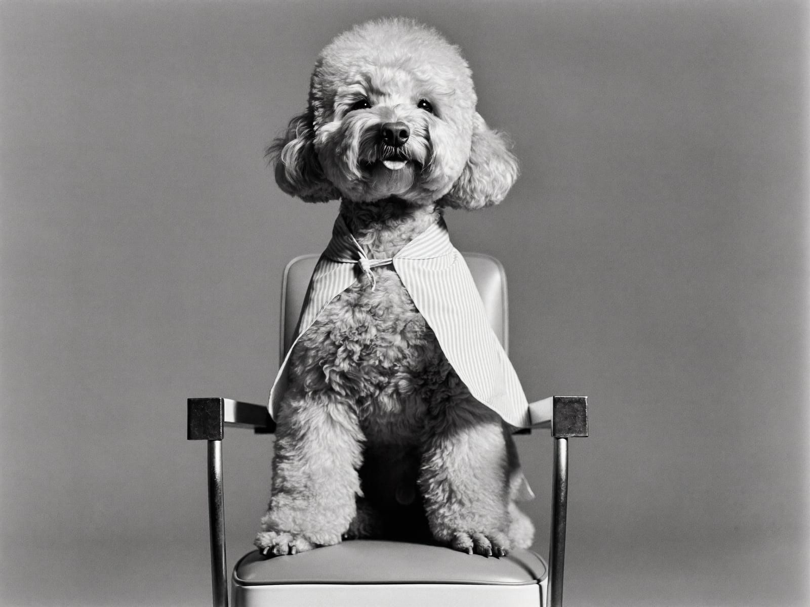 A black-and-white portrait of a curly-coated dog sitting proudly in a barber’s chair wearing a striped cape