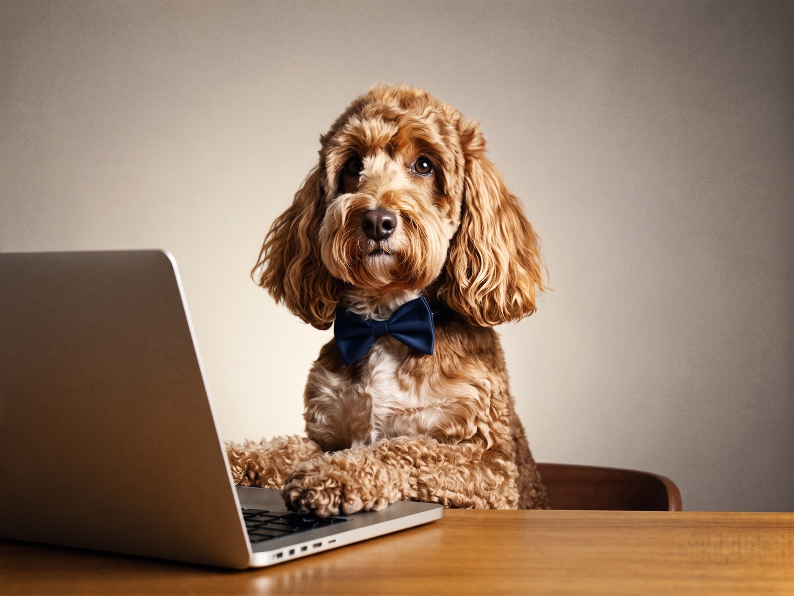 A black-and-white portrait of a bernedoodle in a bow tie sitting at a desk with an open laptop