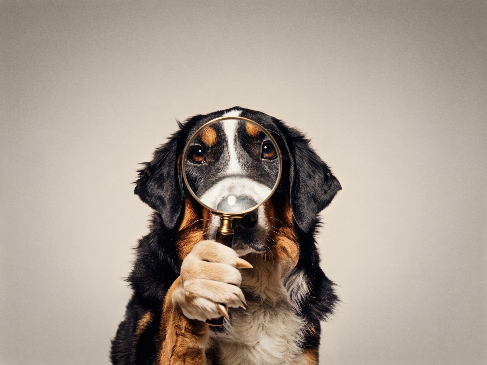 A black-and-white portrait of a bernese mountain dog holding a magnifying glass up to one eye