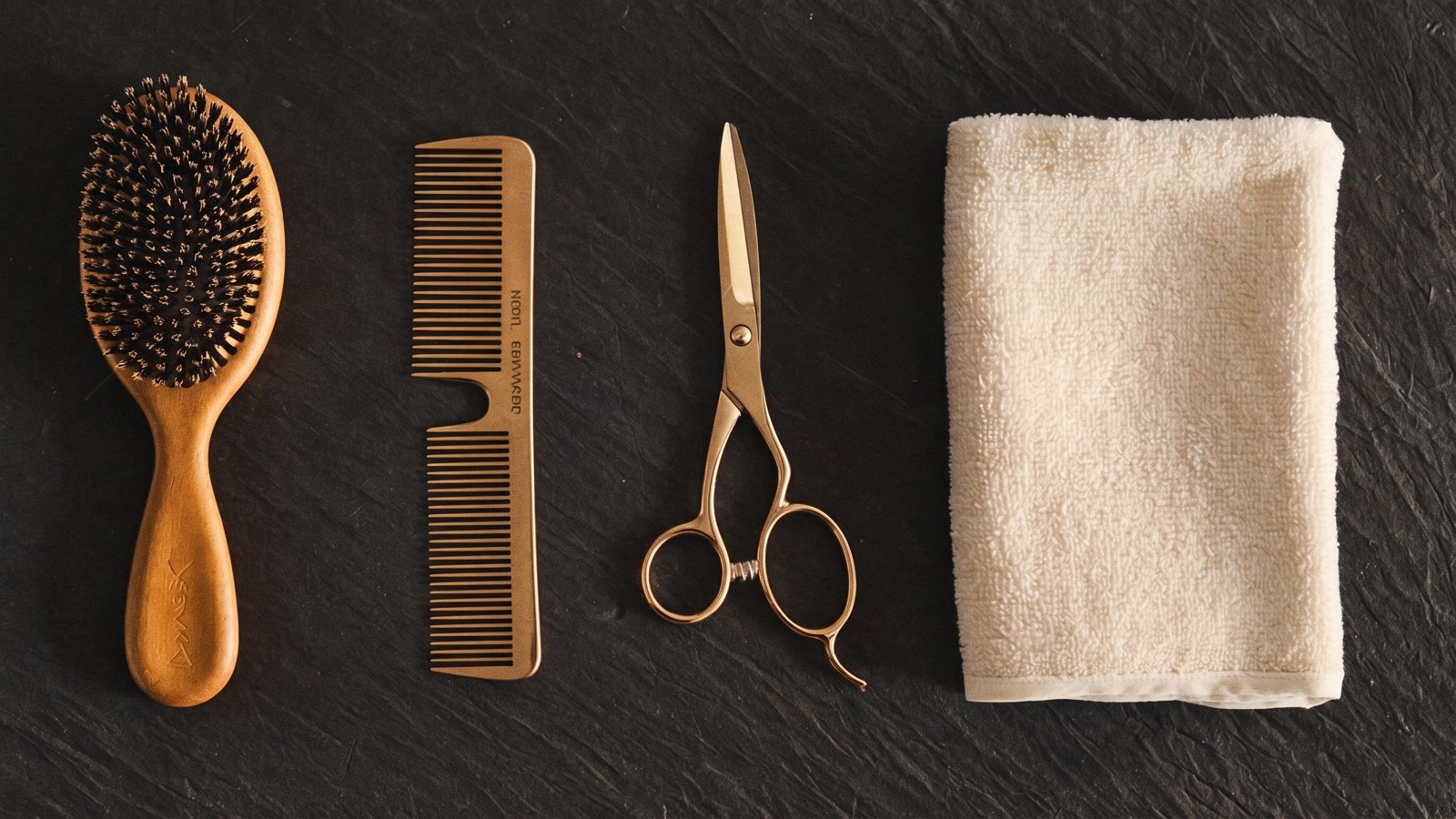 A grooming kit laid out on slate — brush, comb, shears, and a folded towel
