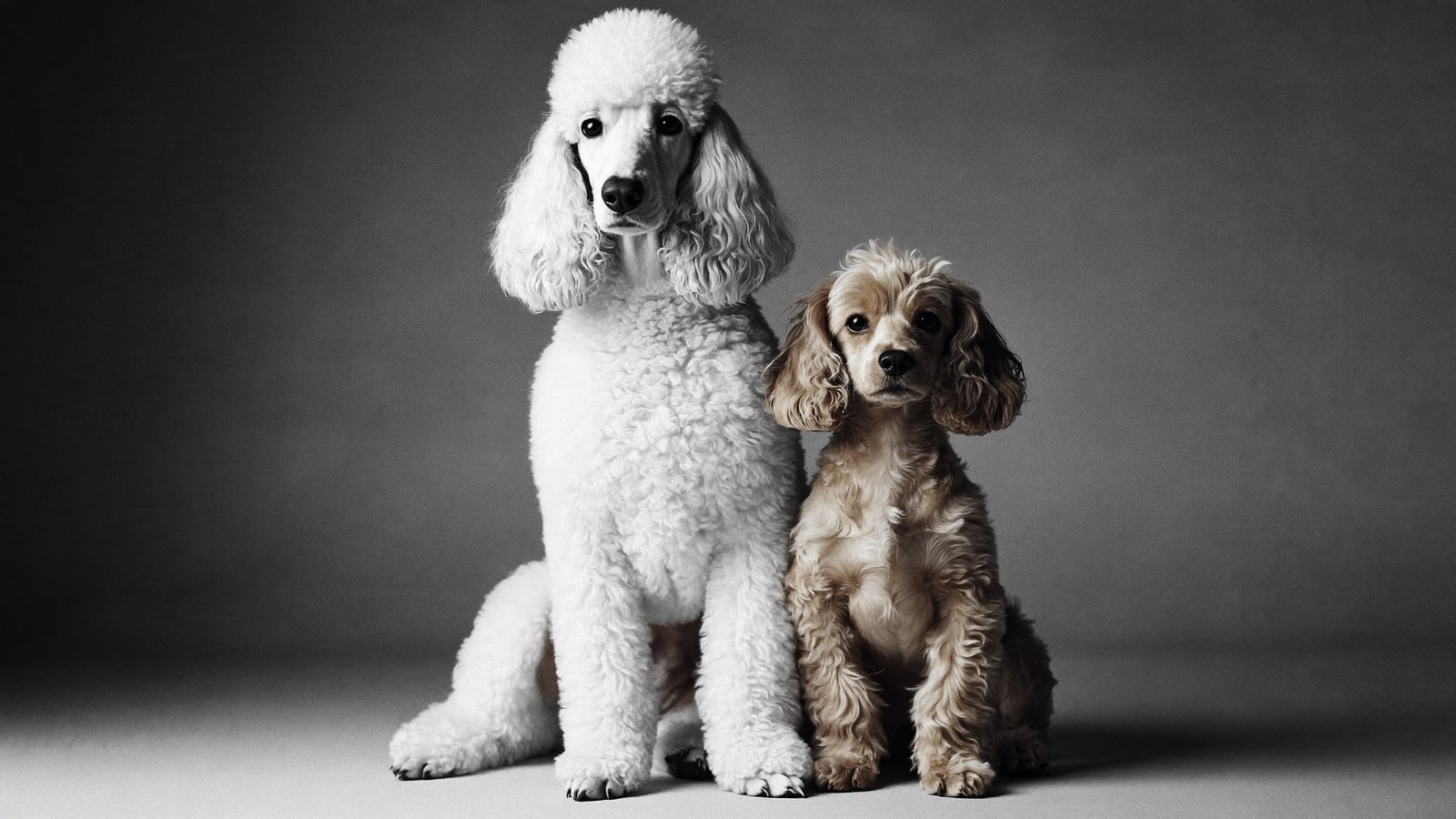 A black-and-white portrait of two poodles sitting side by side