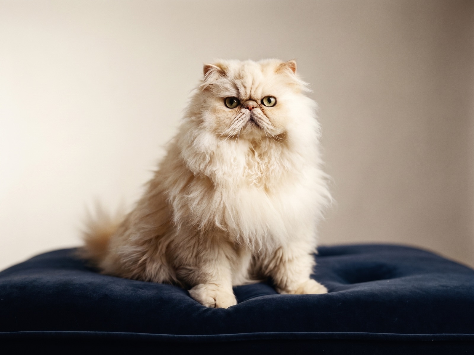 A long-haired Persian cat sitting upright on a velvet cushion