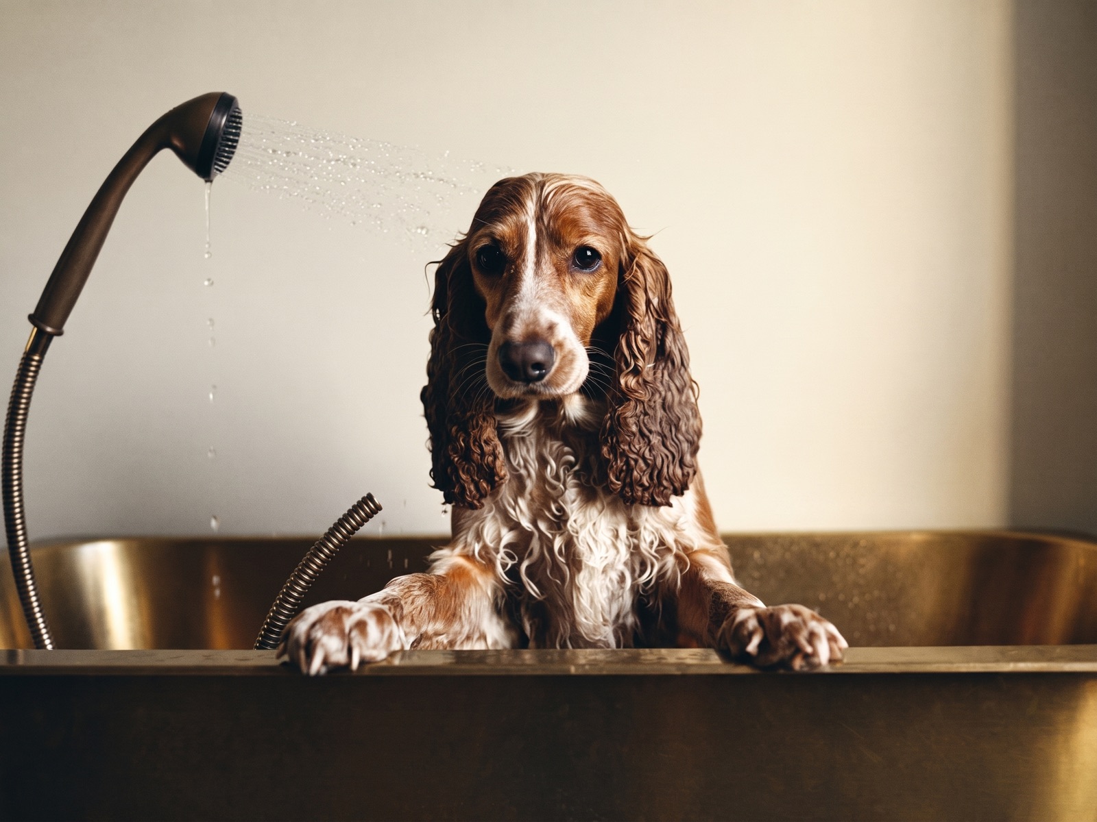 A black-and-white portrait of a cocker spaniel standing in a tub holding a shower sprayer in its paws