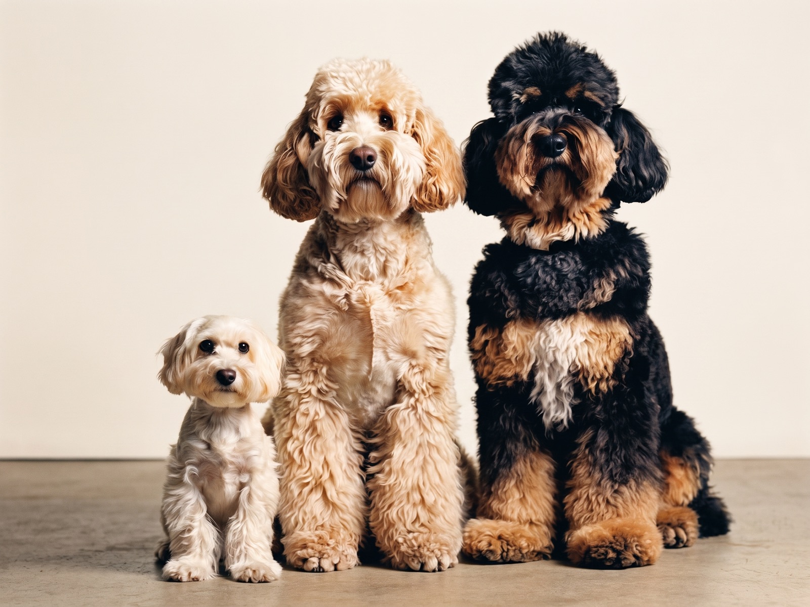 A black-and-white portrait of three freshly groomed dogs of graduated size sitting in a row