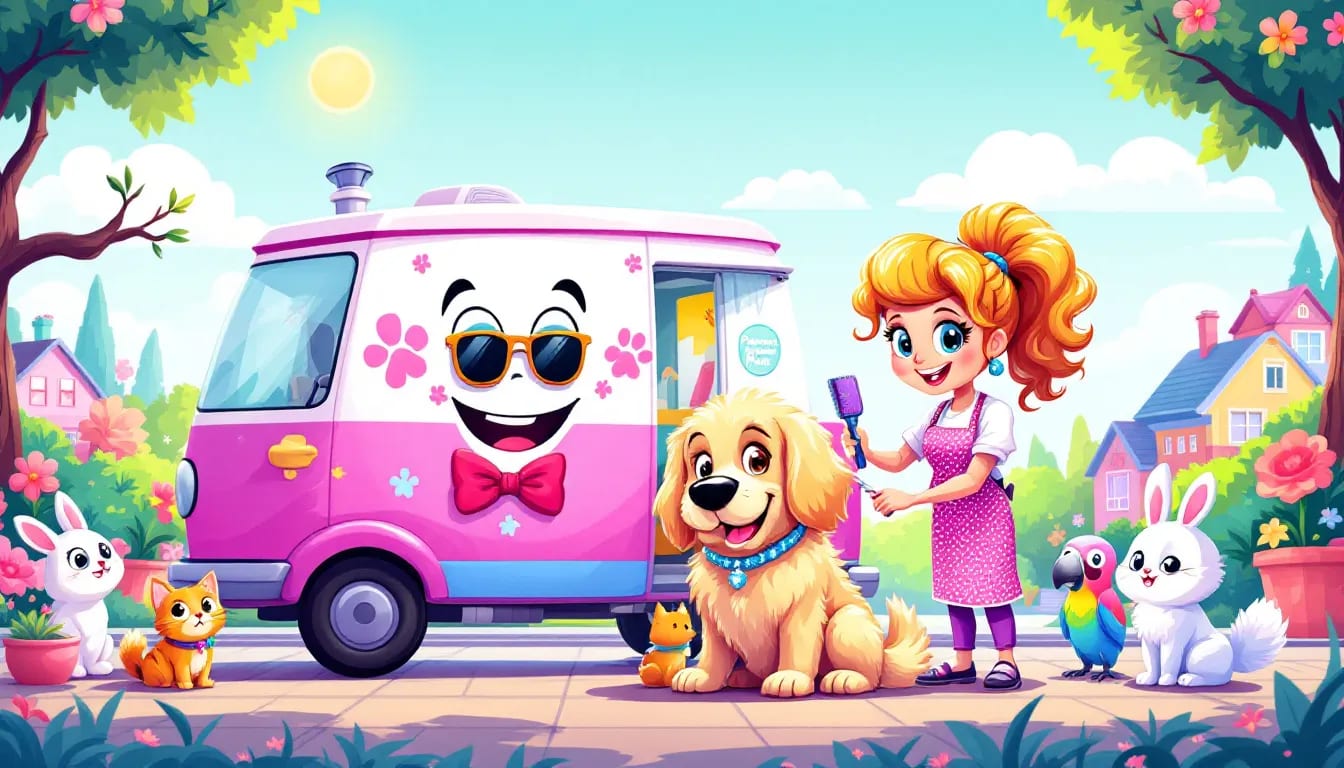 A mobile pet grooming van parked in a residential area, ready for service.
