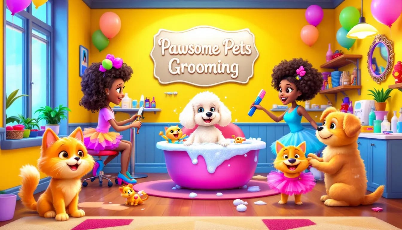 A cartoon illustration of several pets being groomed.