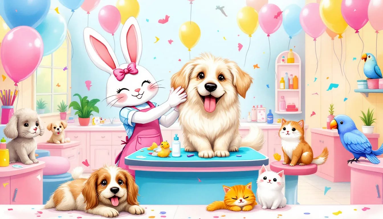 A cartoon illustration of a dog having a full groom.