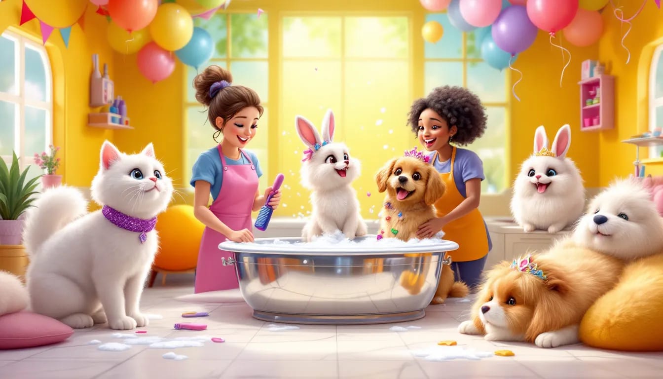 A cartoon illustration of pets enjoying a range of grooming treatments.