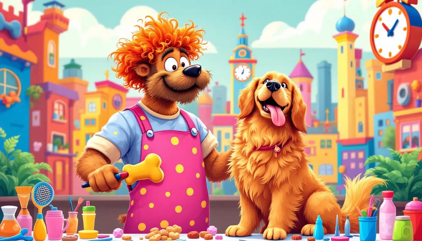 A cartoon illustration of a dog being groomed.