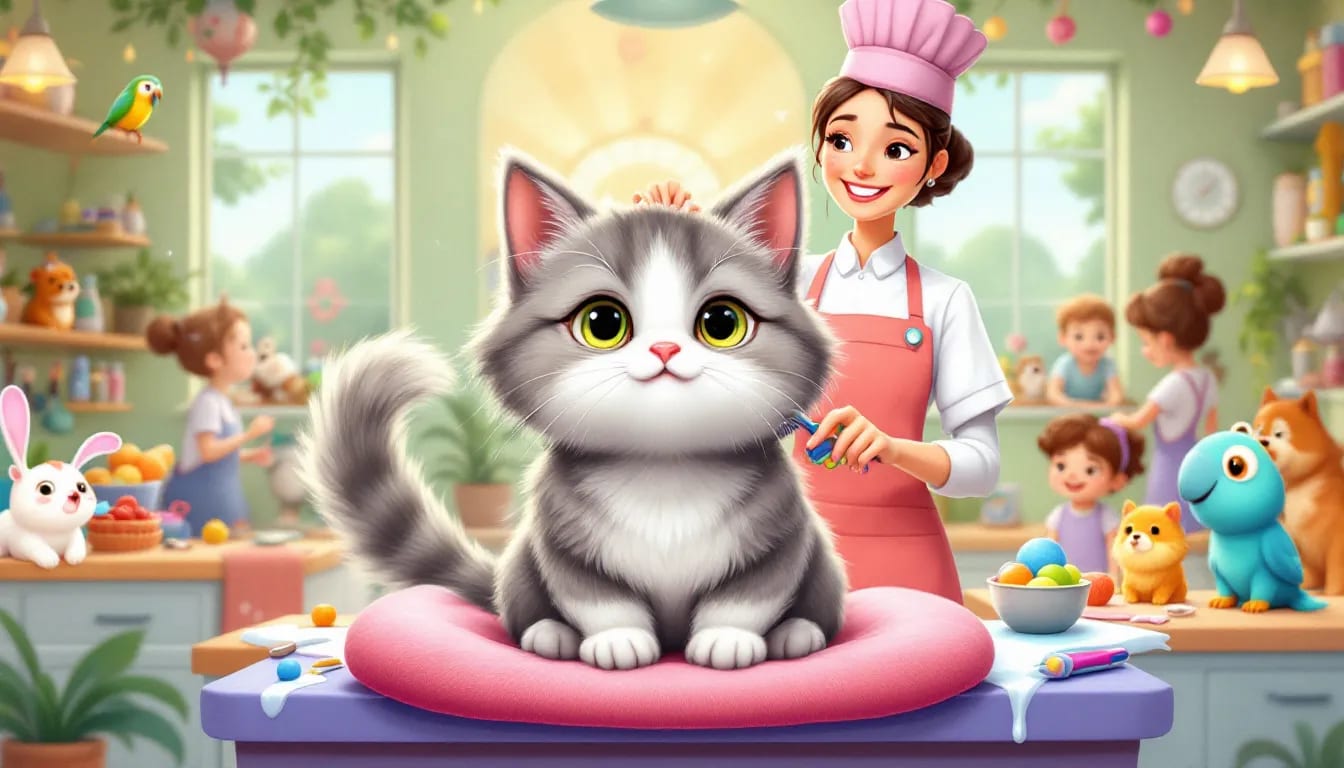 A cartoon illustration of a cat being gently brushed.