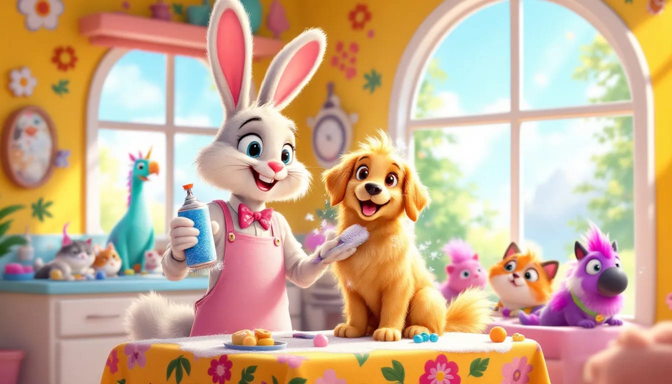 A cartoon illustration of a dog during a grooming session.