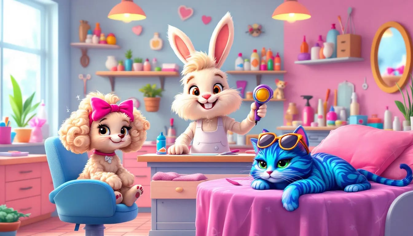 A cartoon illustration of pet grooming.