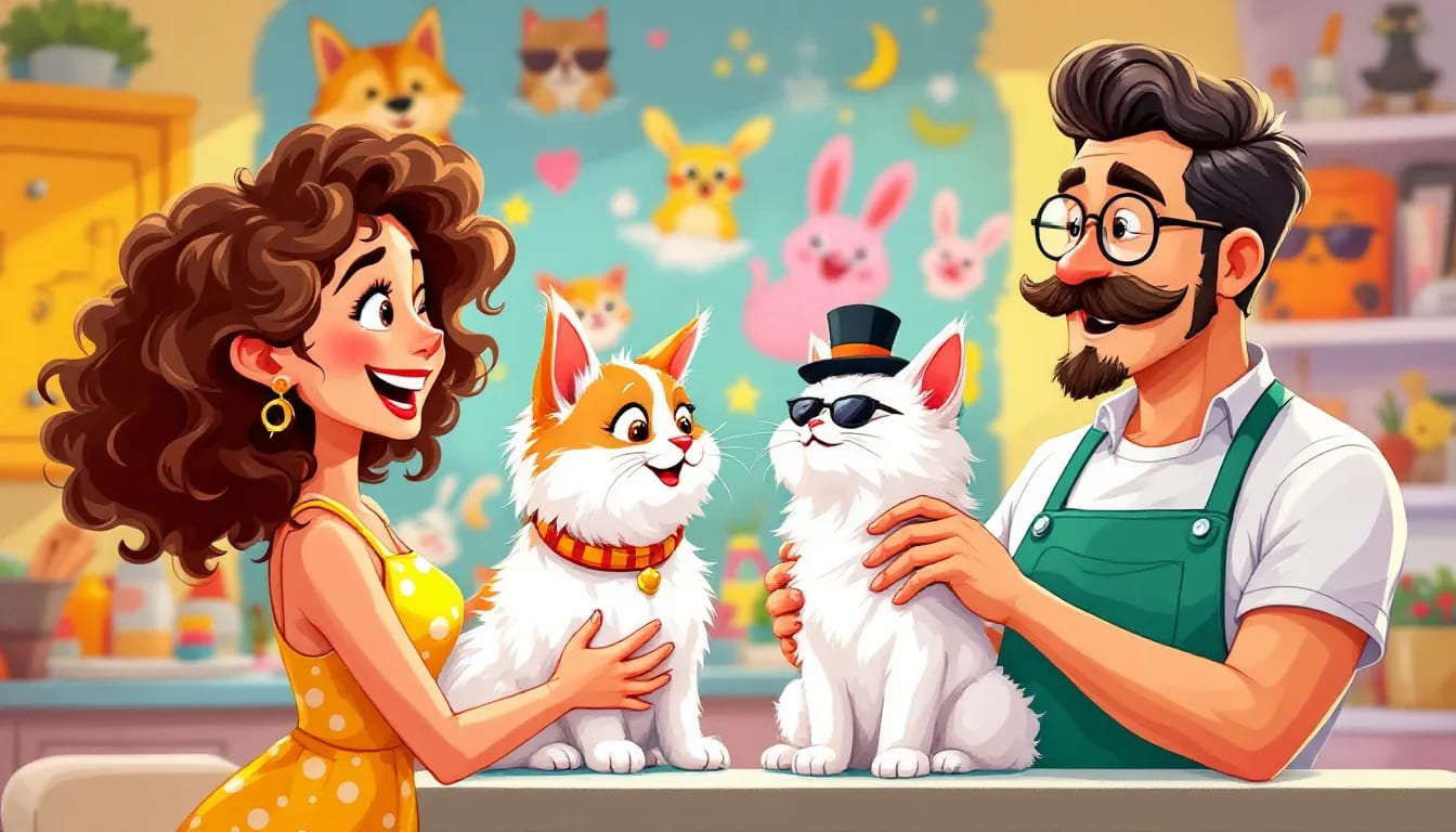 A cartoon illustration of a pet owner at a grooming appointment.