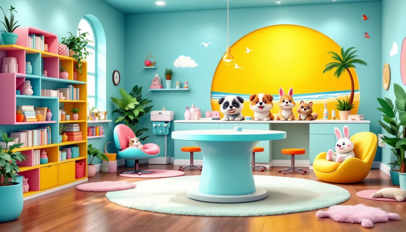 A cartoon illustration of a brightly coloured pet grooming scene.