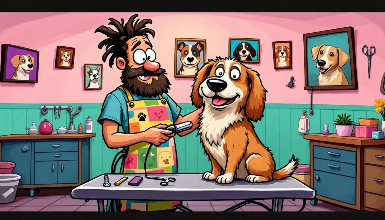 A cartoon illustration of a dog having a full-body haircut.