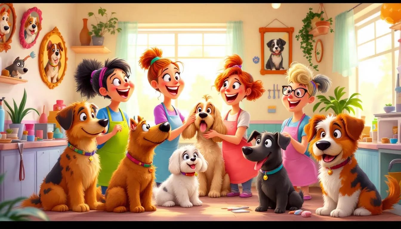 A cartoon illustration of pet grooming.
