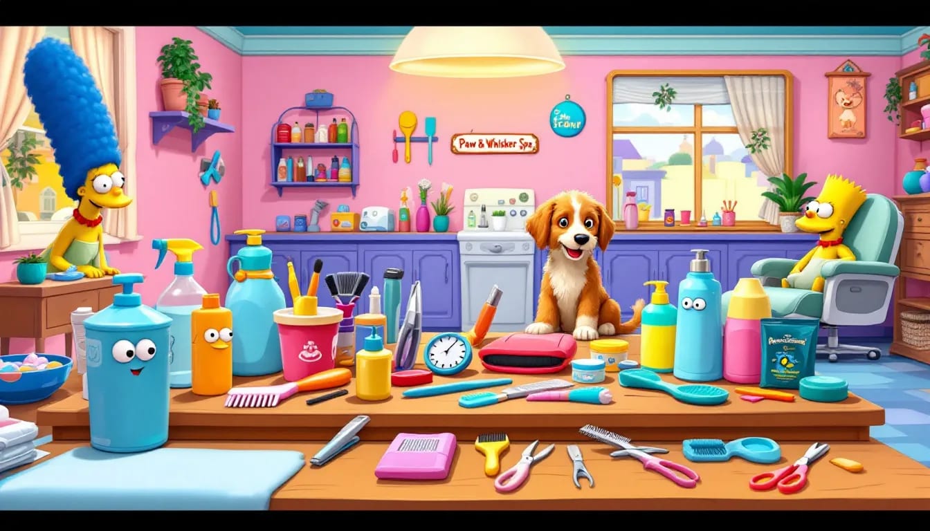 Various grooming tools and products used for dog grooming services.